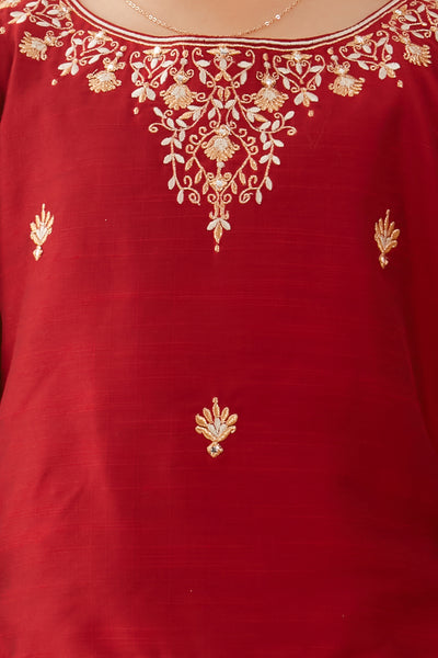 Floral Embroidered Neckline Top Brocade With Silk Border Kids Skirt Set Red