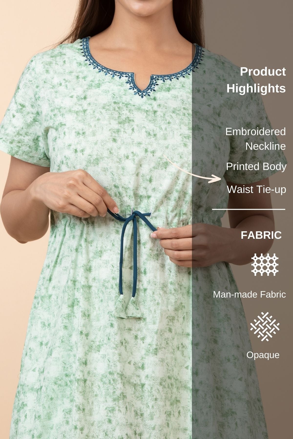 Abstract Printed Nighty with Waist Tie-up - Green