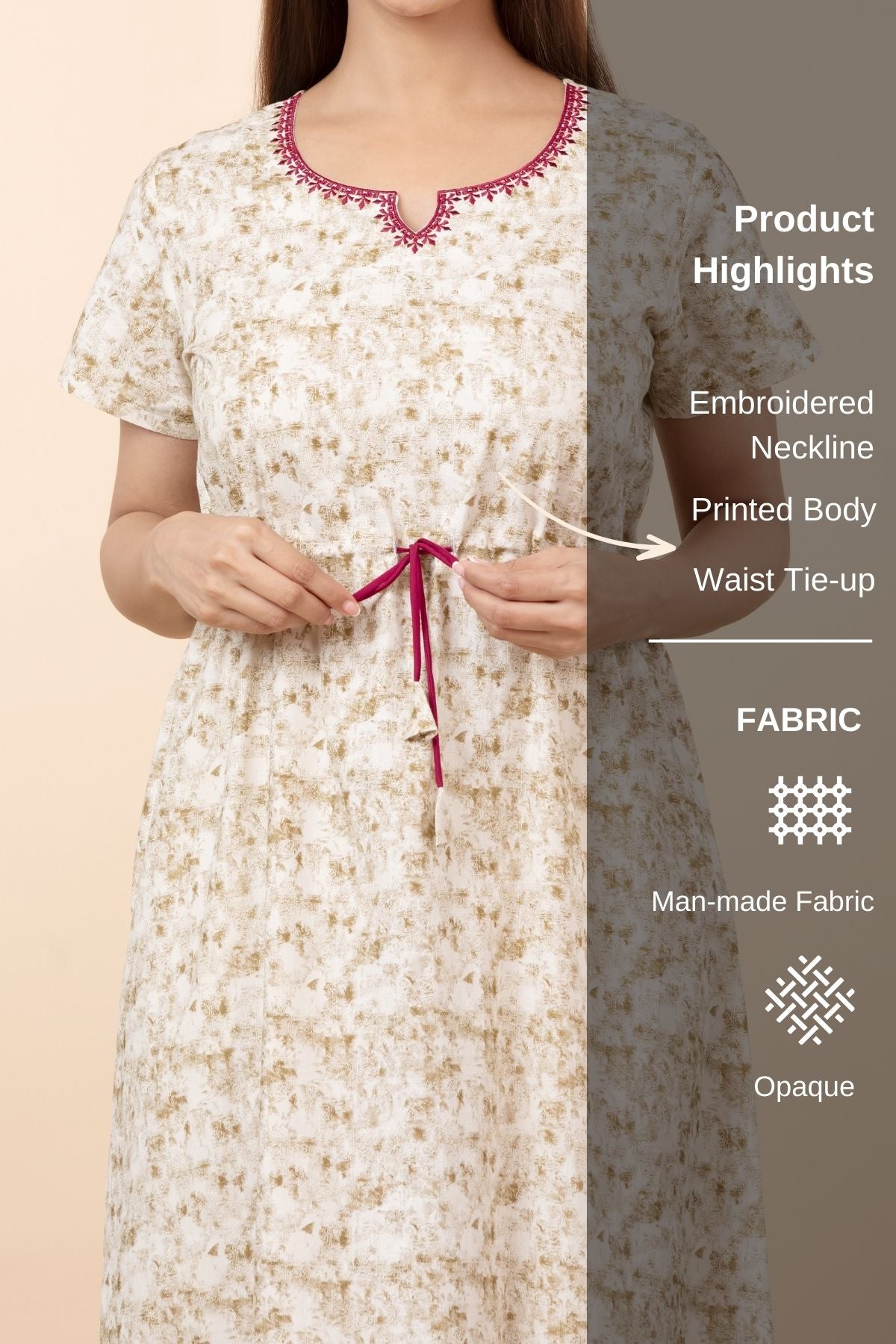 Abstract Printed Nighty with Waist Tie-up - Brown