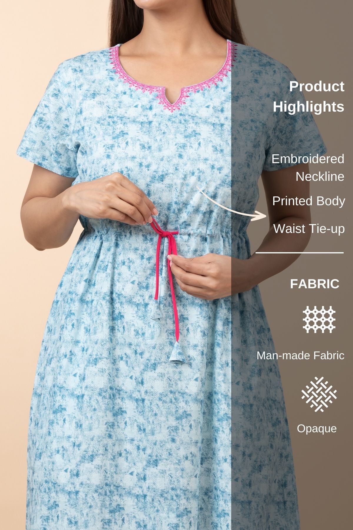 Abstract Printed Nighty with Waist Tie-up - Blue