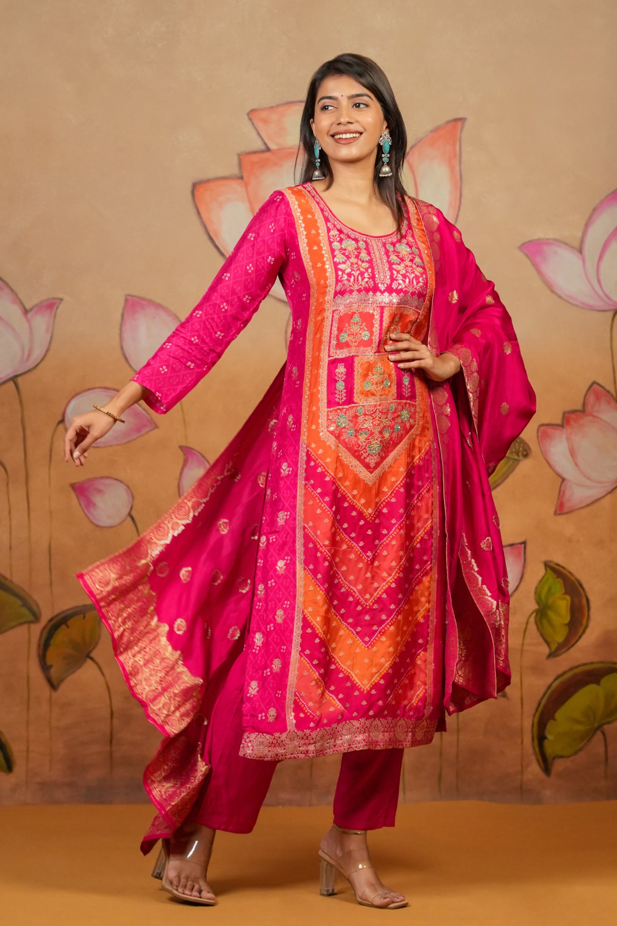 Zari Bandhini With Rich Bead Embroidered Kurta Set With Brocade Dupatta - Pink