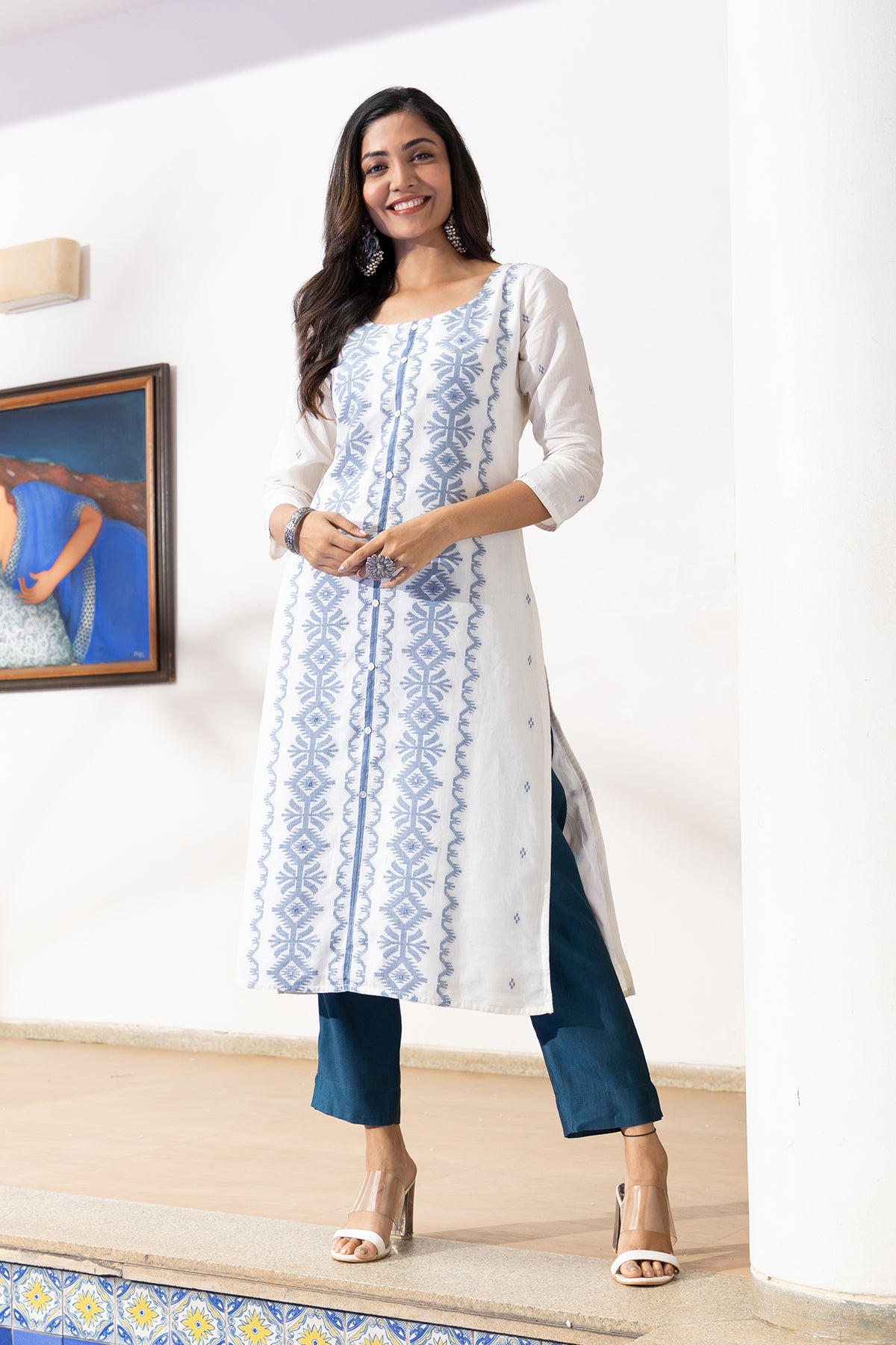 Jamdhani Weave Kurta with Foil Mirror Embellishments Blue White