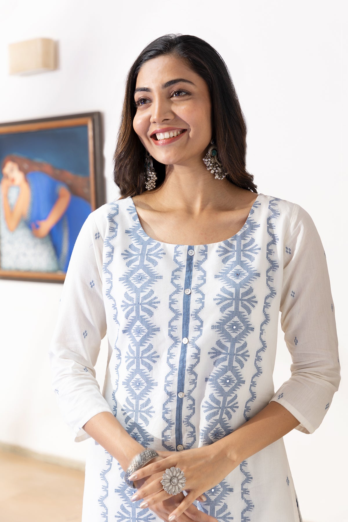 Jamdhani Weave Kurta with Foil Mirror Embellishments Blue White