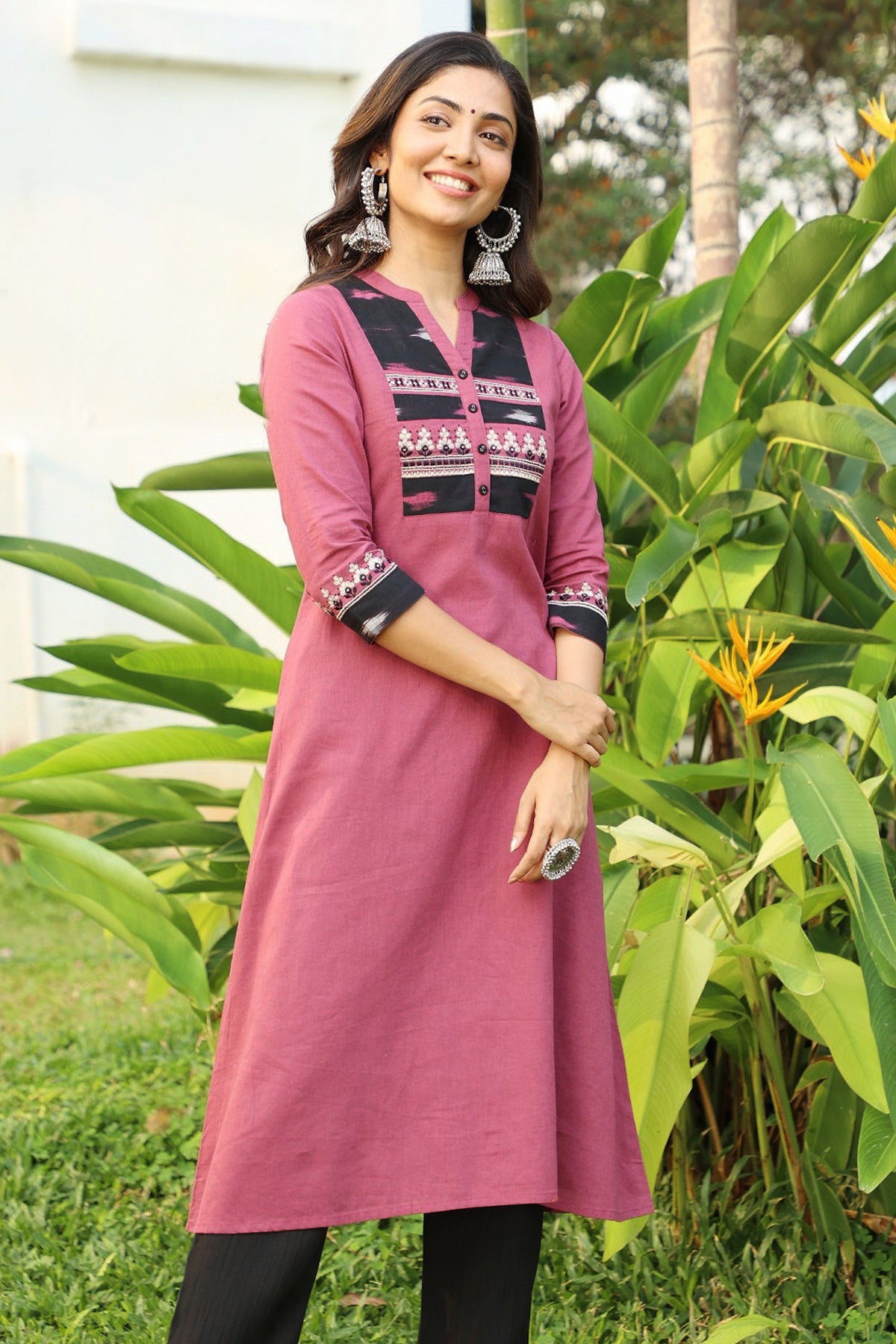 Solid A Line with Kurta with Ikkat Patchwork Yoke Purple