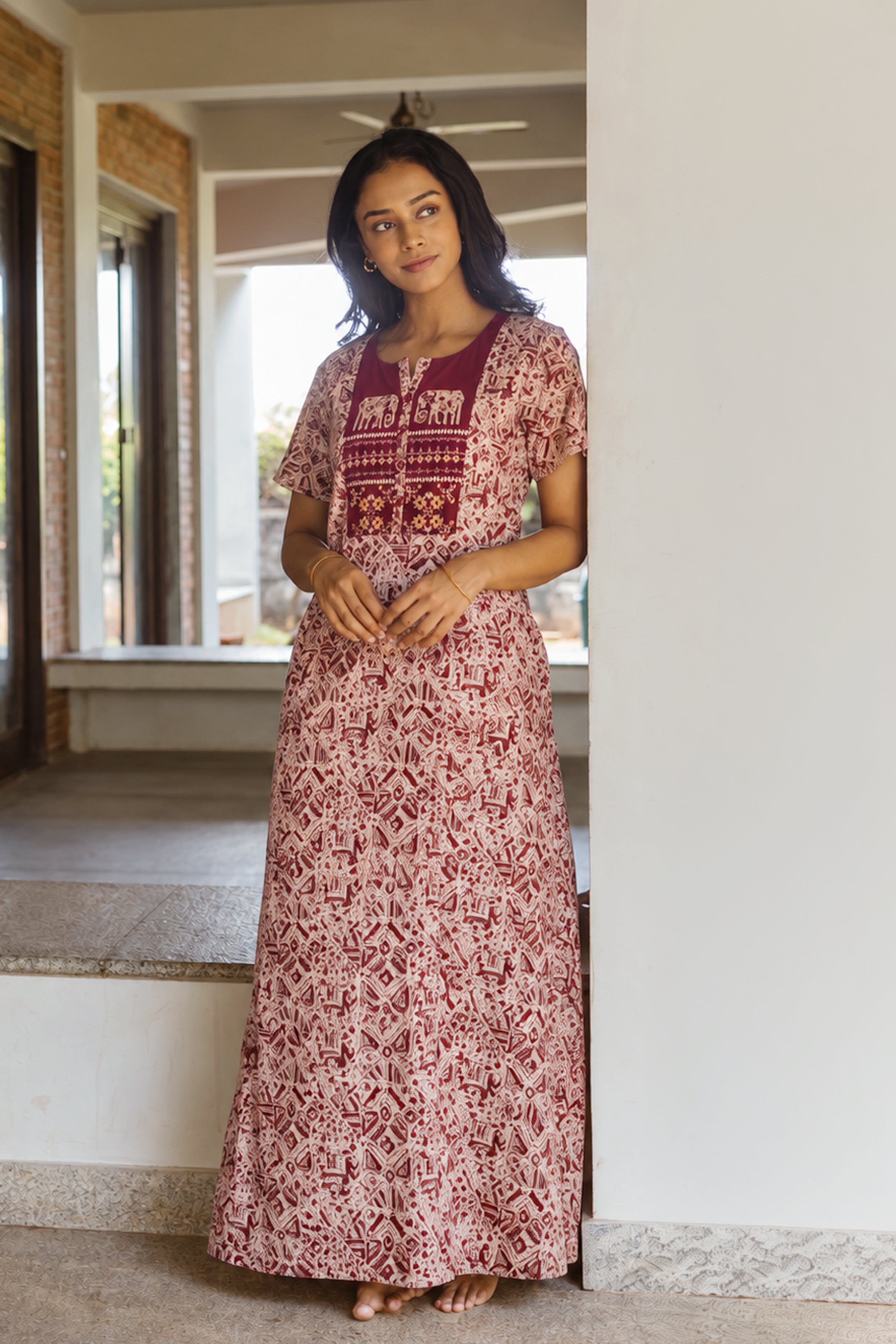 Maroon Kalamkari Cotton Nightwear