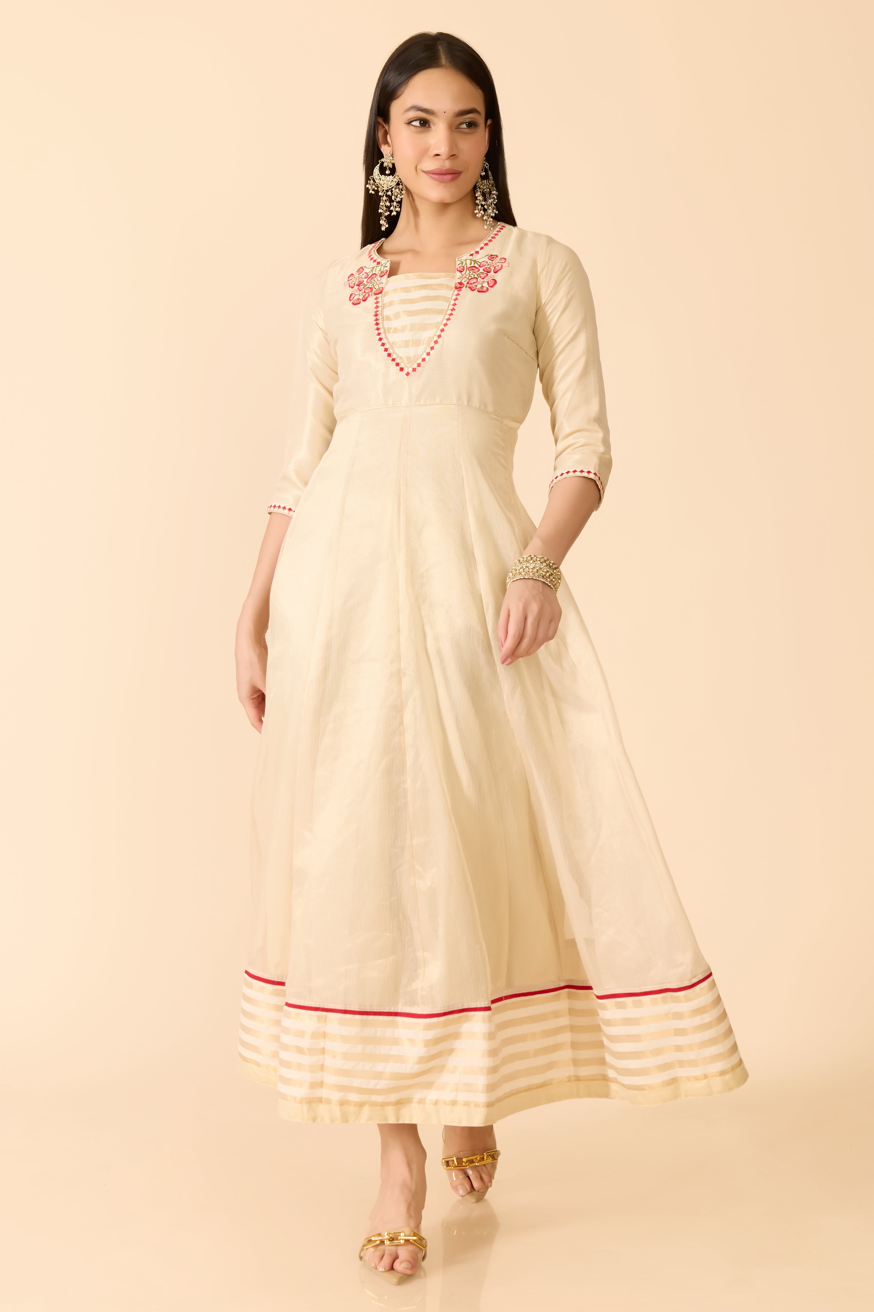 BEIGE ANARKALI WITH FLORAL NECK