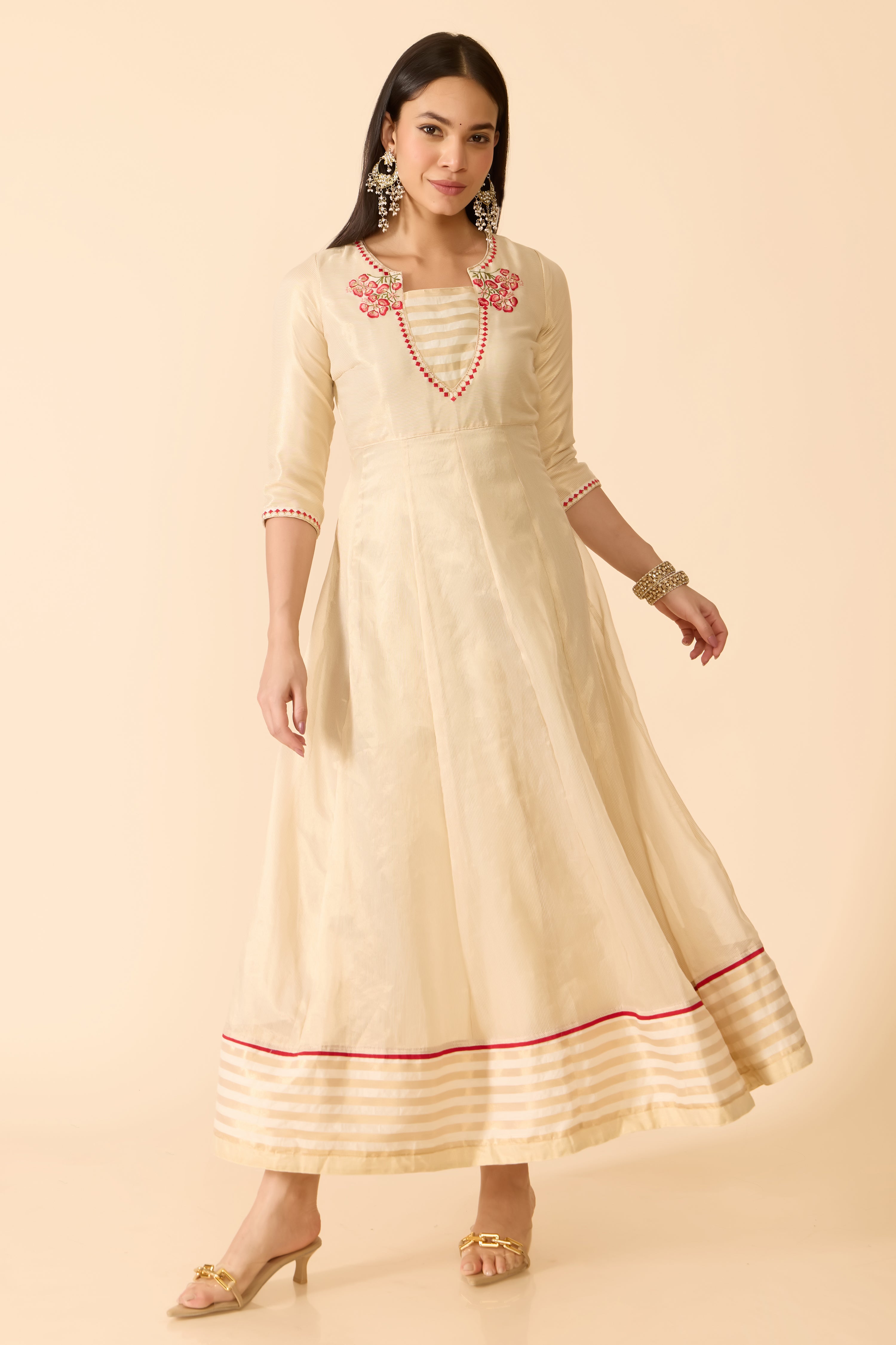 BEIGE ANARKALI WITH FLORAL NECK