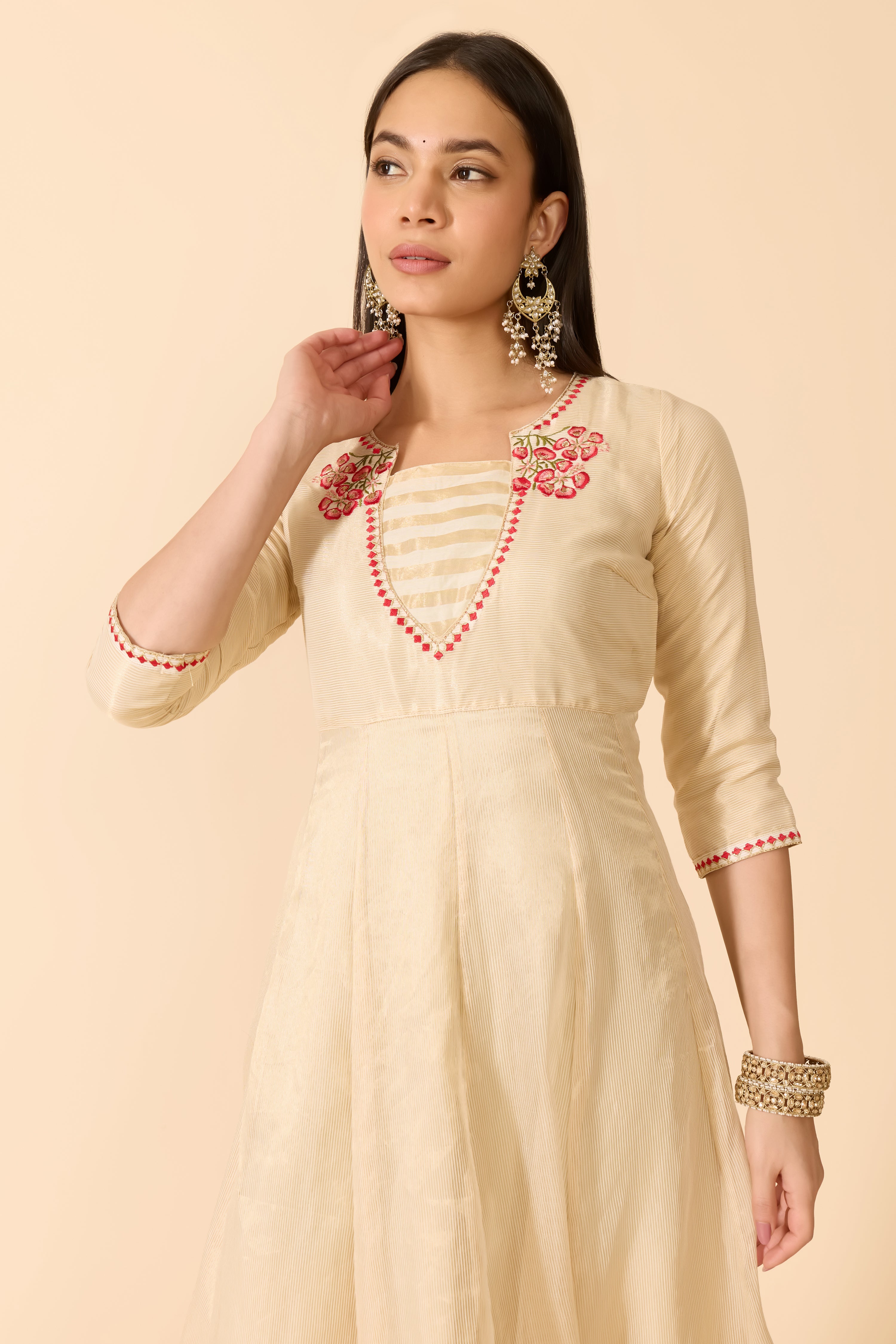 BEIGE ANARKALI WITH FLORAL NECK