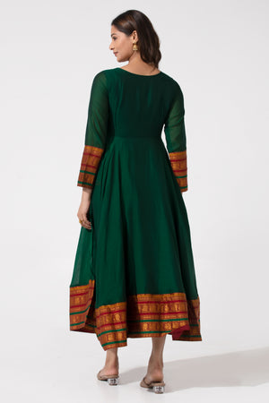 Bottle Green A-Line Ethnic Dress with Mangalgiri Detailing