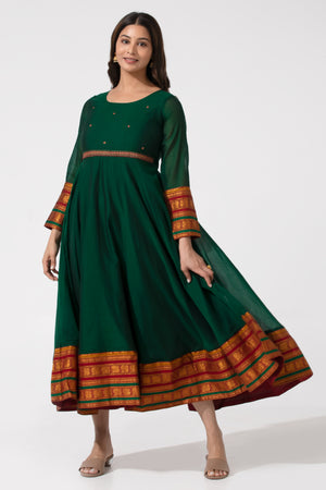 Bottle Green A-Line Ethnic Dress with Mangalgiri Detailing