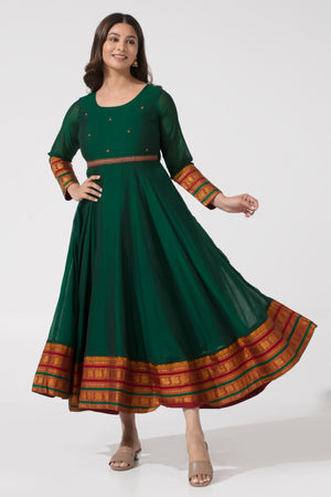 Bottle Green A-Line Ethnic Dress with Mangalgiri Detailing