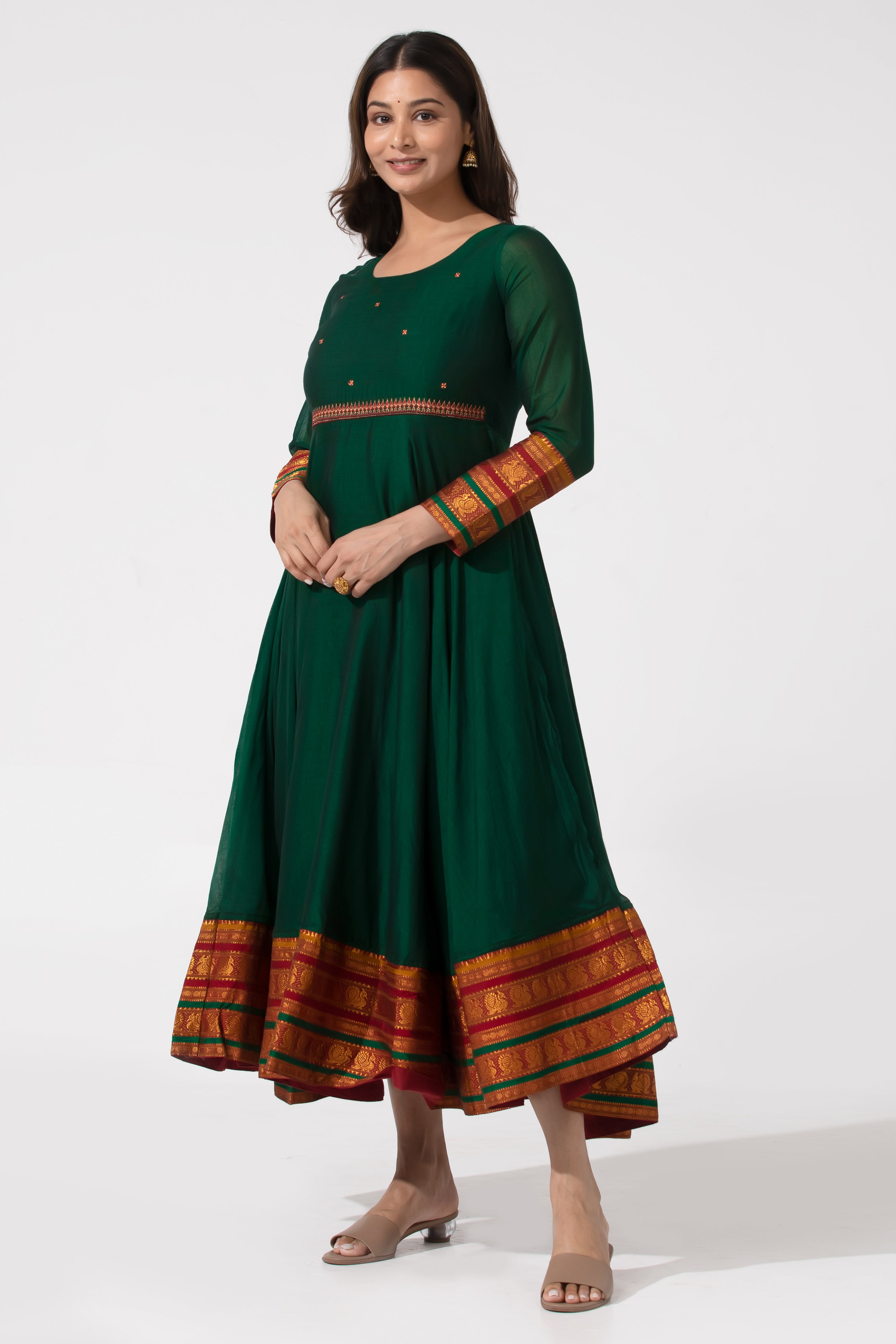 Bottle Green A-Line Ethnic Dress with Mangalgiri Detailing Maybell Womens Fashion Bottle Green A-Line Ethnic Dress with Mangalgiri Detailing Maybell Womens Fashion