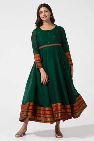 Bottle Green A-Line Ethnic Dress with Mangalgiri Detailing