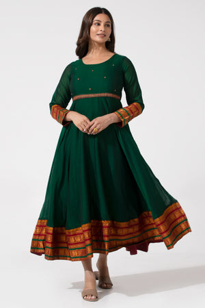 Bottle Green A-Line Ethnic Dress with Mangalgiri Detailing