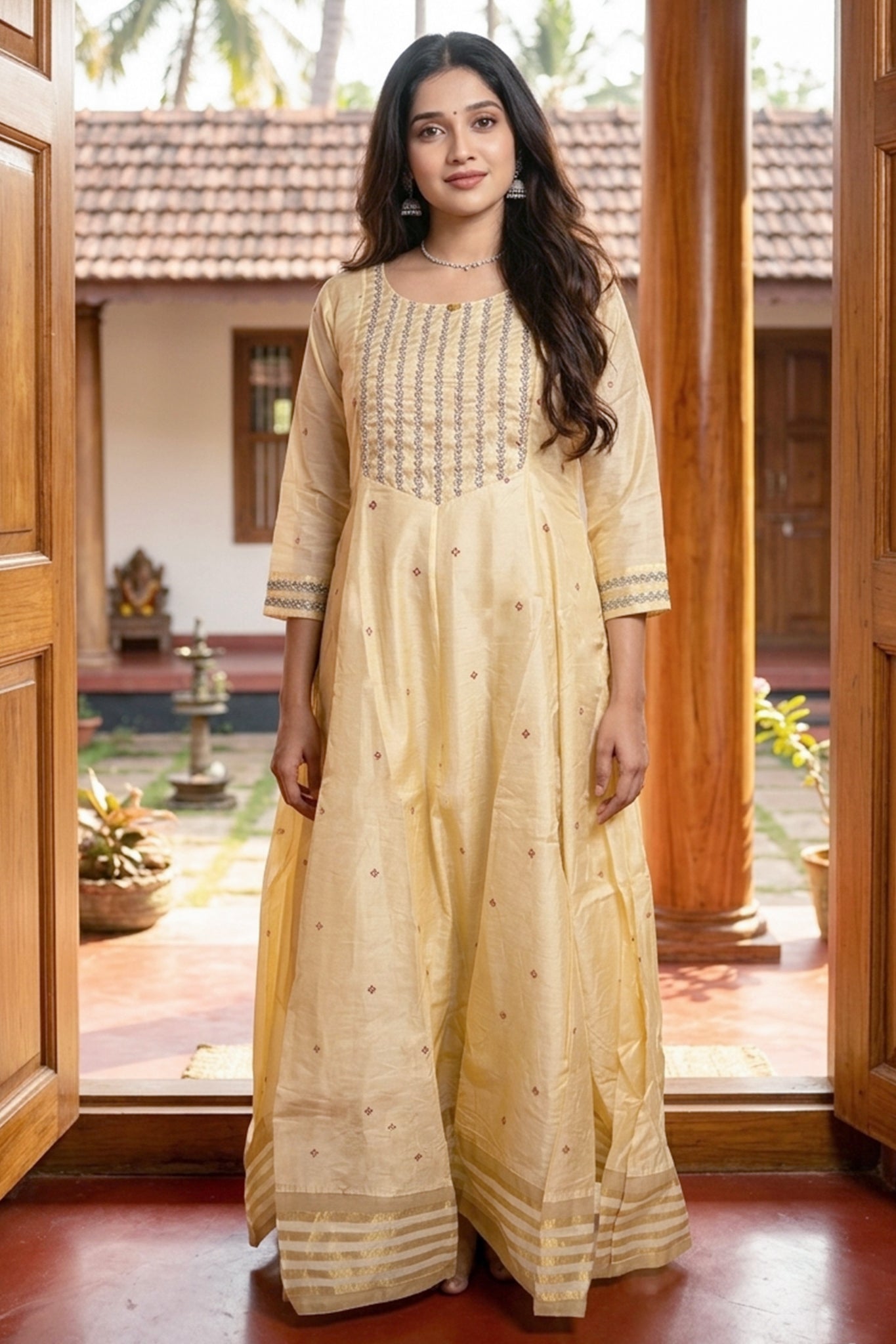 BEIGE ANARKALI WITH MOTIF PRINT