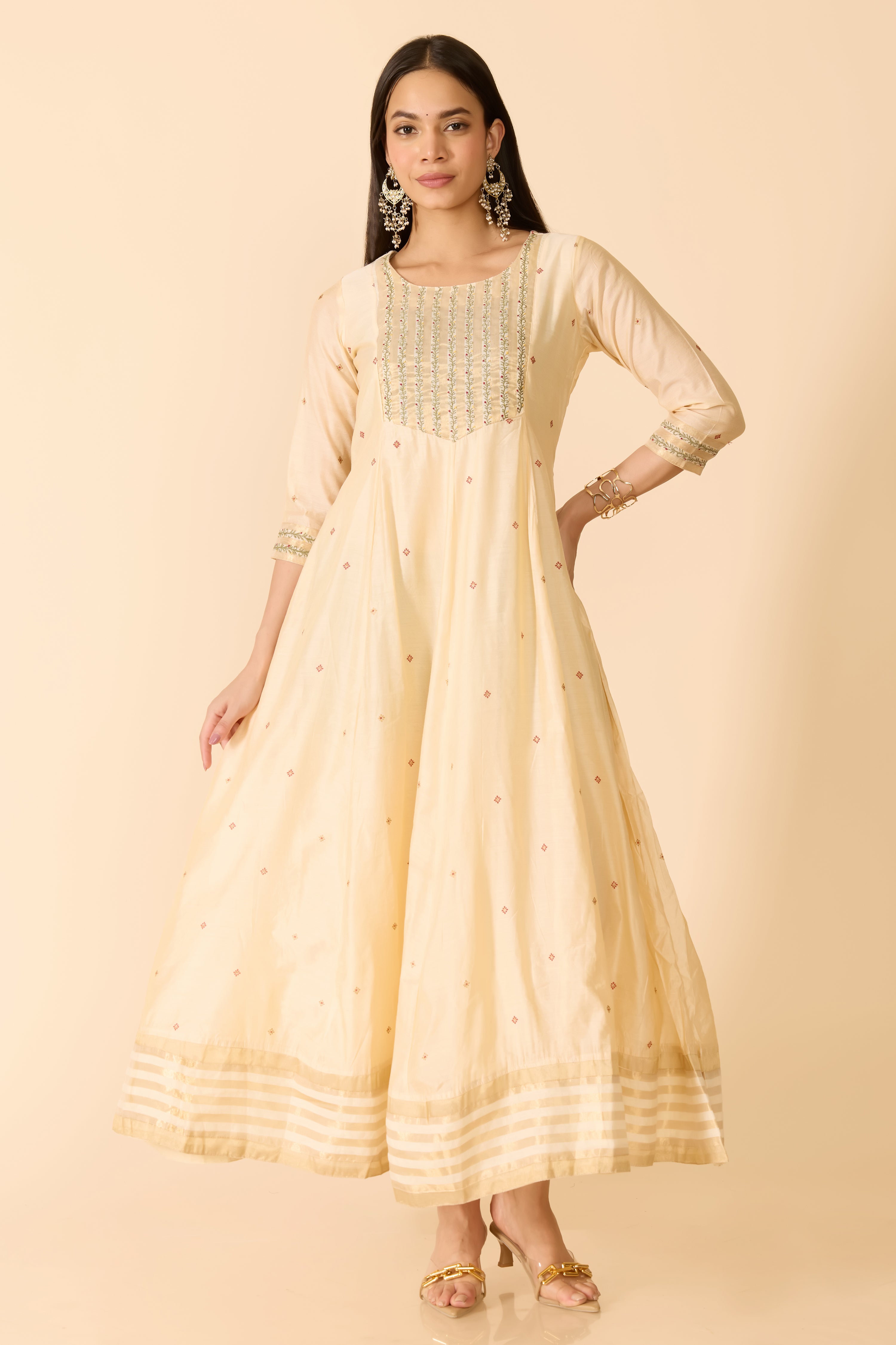BEIGE ANARKALI WITH MOTIF PRINT