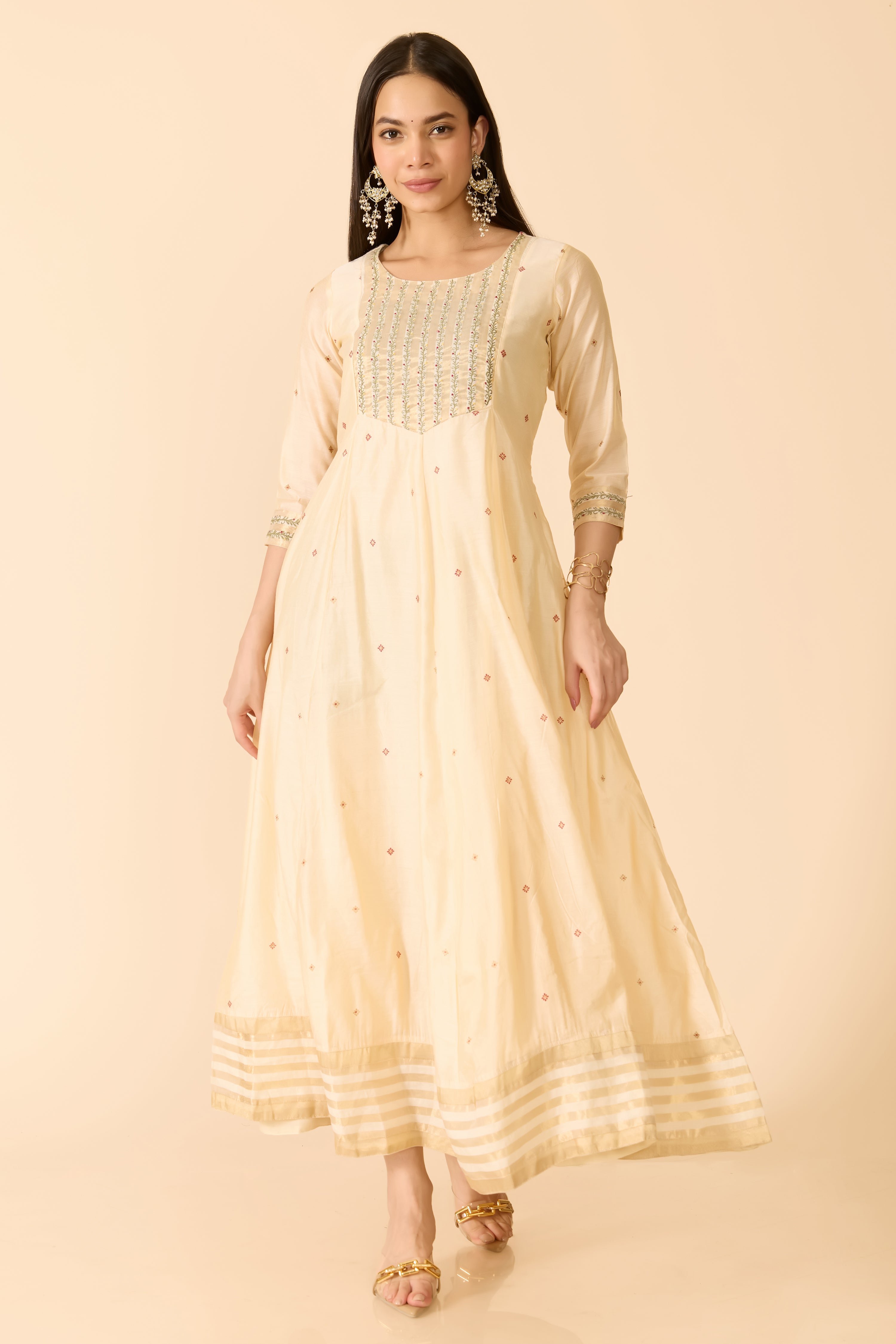 BEIGE ANARKALI WITH MOTIF PRINT