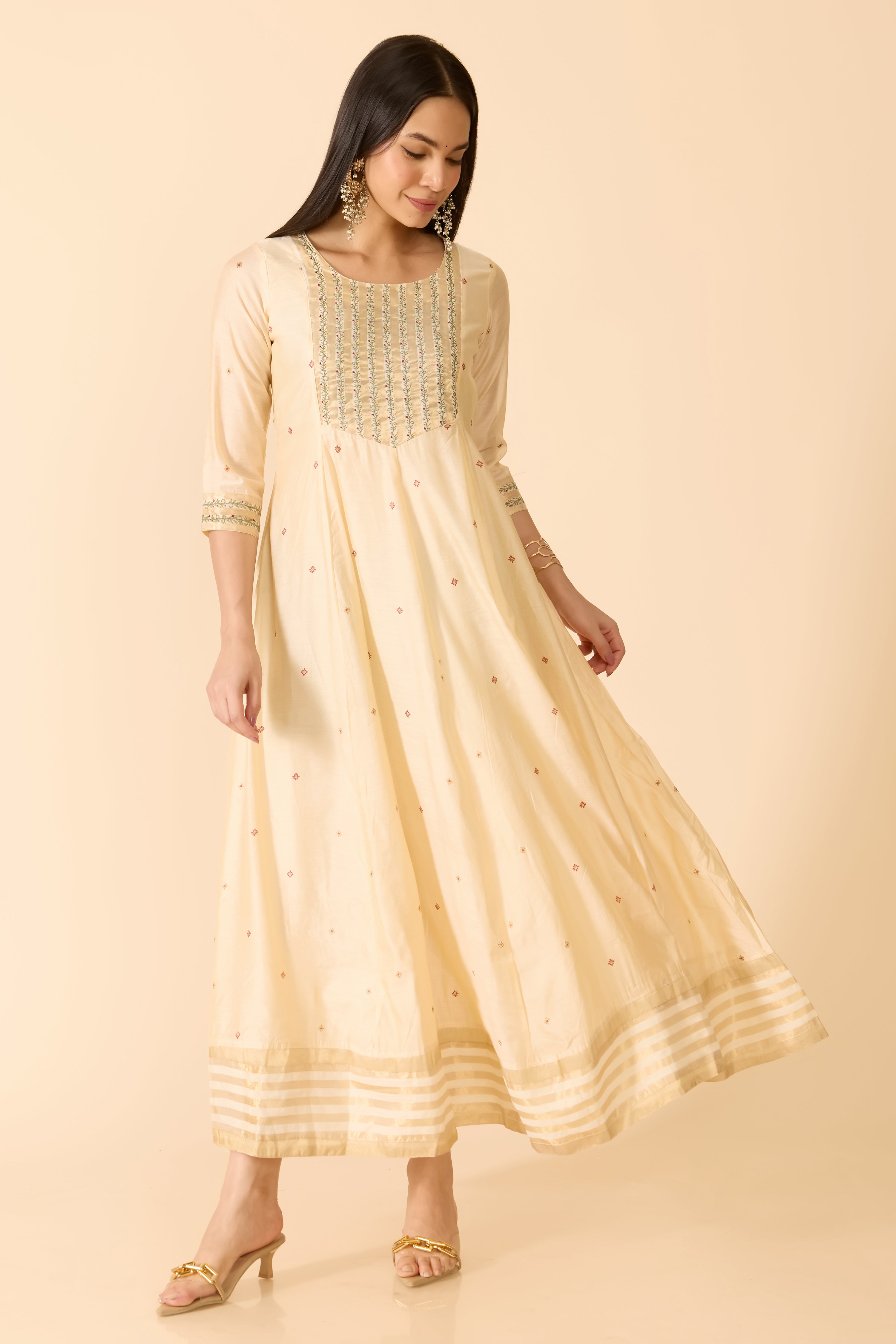 BEIGE ANARKALI WITH MOTIF PRINT