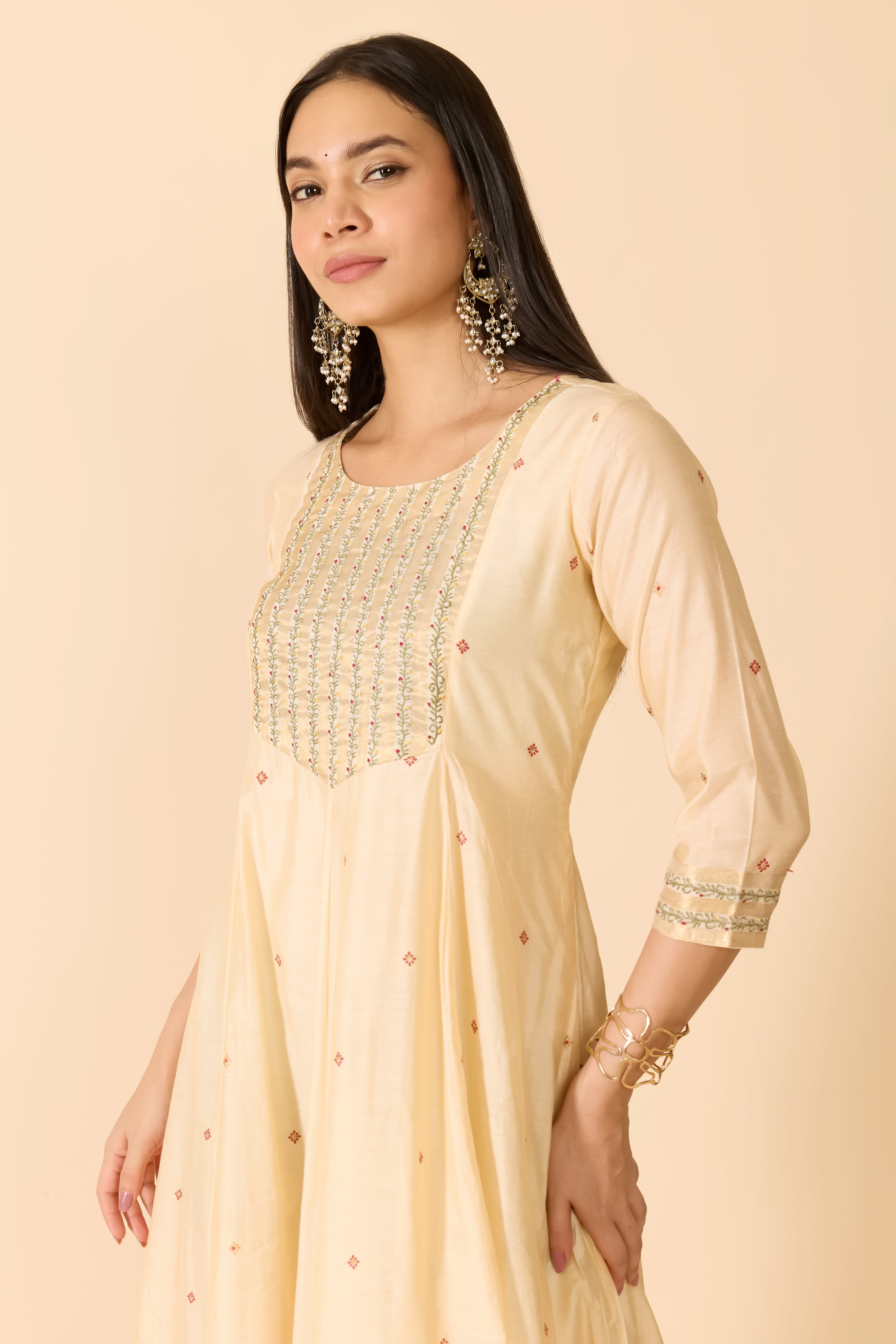 BEIGE ANARKALI WITH MOTIF PRINT