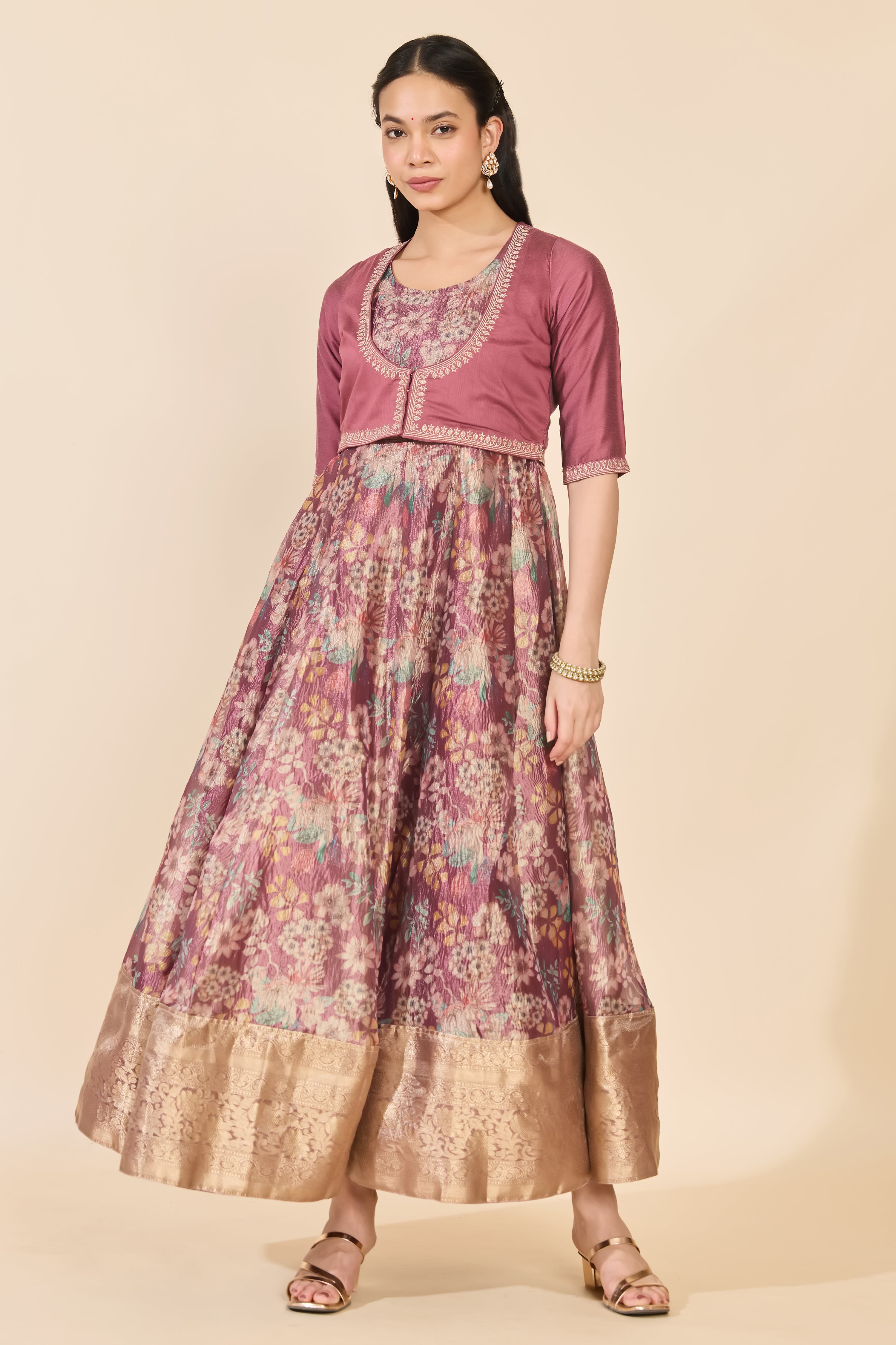 PINK FLORAL ANARKALI WITH OVERCOAT