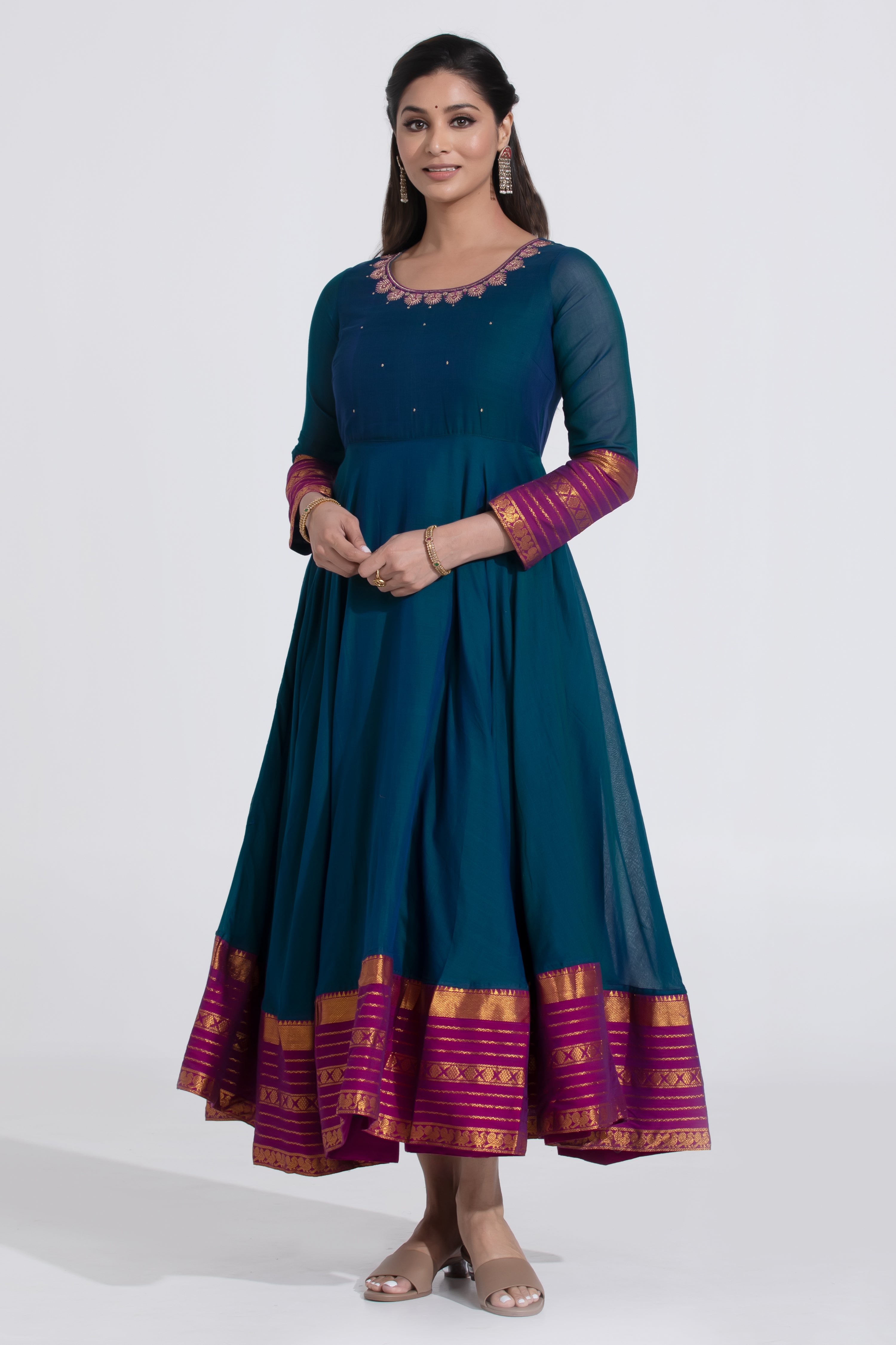 Turquoise Mangalagiri Cotton Anarkali with Foil Mirror Work Maybell Womens Fashion Turquoise Mangalagiri Cotton Anarkali with Foil Mirror Work Maybell Womens Fashion
