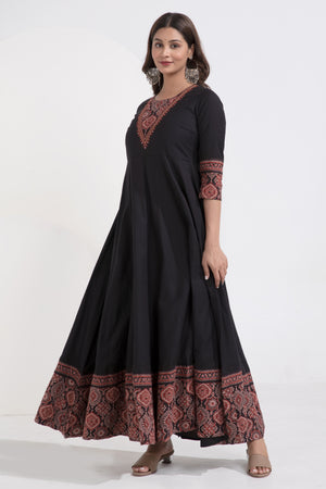 Black Ajrakh Printed & Embroidered Cotton Anarkali
