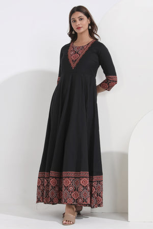 Black Ajrakh Printed & Embroidered Cotton Anarkali