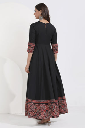 Black Ajrakh Printed & Embroidered Cotton Anarkali