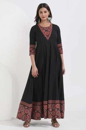 Black Ajrakh Printed & Embroidered Cotton Anarkali