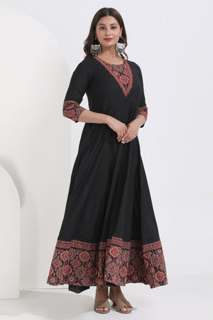 Black Ajrakh Printed & Embroidered Cotton Anarkali
