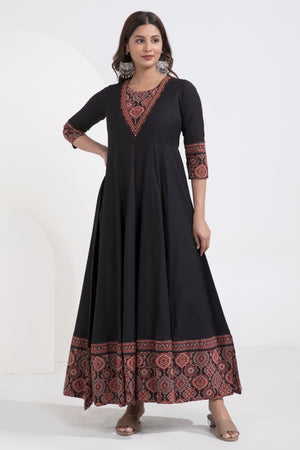 Black Ajrakh Printed & Embroidered Cotton Anarkali