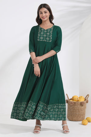 Bandhani Printed & Embroidered Green Anarkali