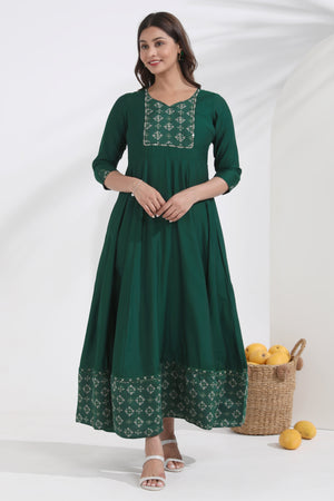 Bandhani Printed & Embroidered Green Anarkali