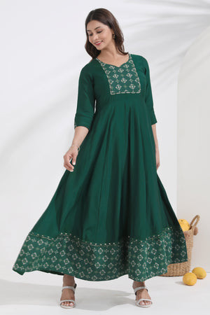 Bandhani Printed & Embroidered Green Anarkali