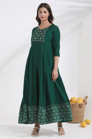Bandhani Printed & Embroidered Green Anarkali