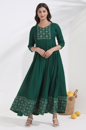 Bandhani Printed & Embroidered Green Anarkali