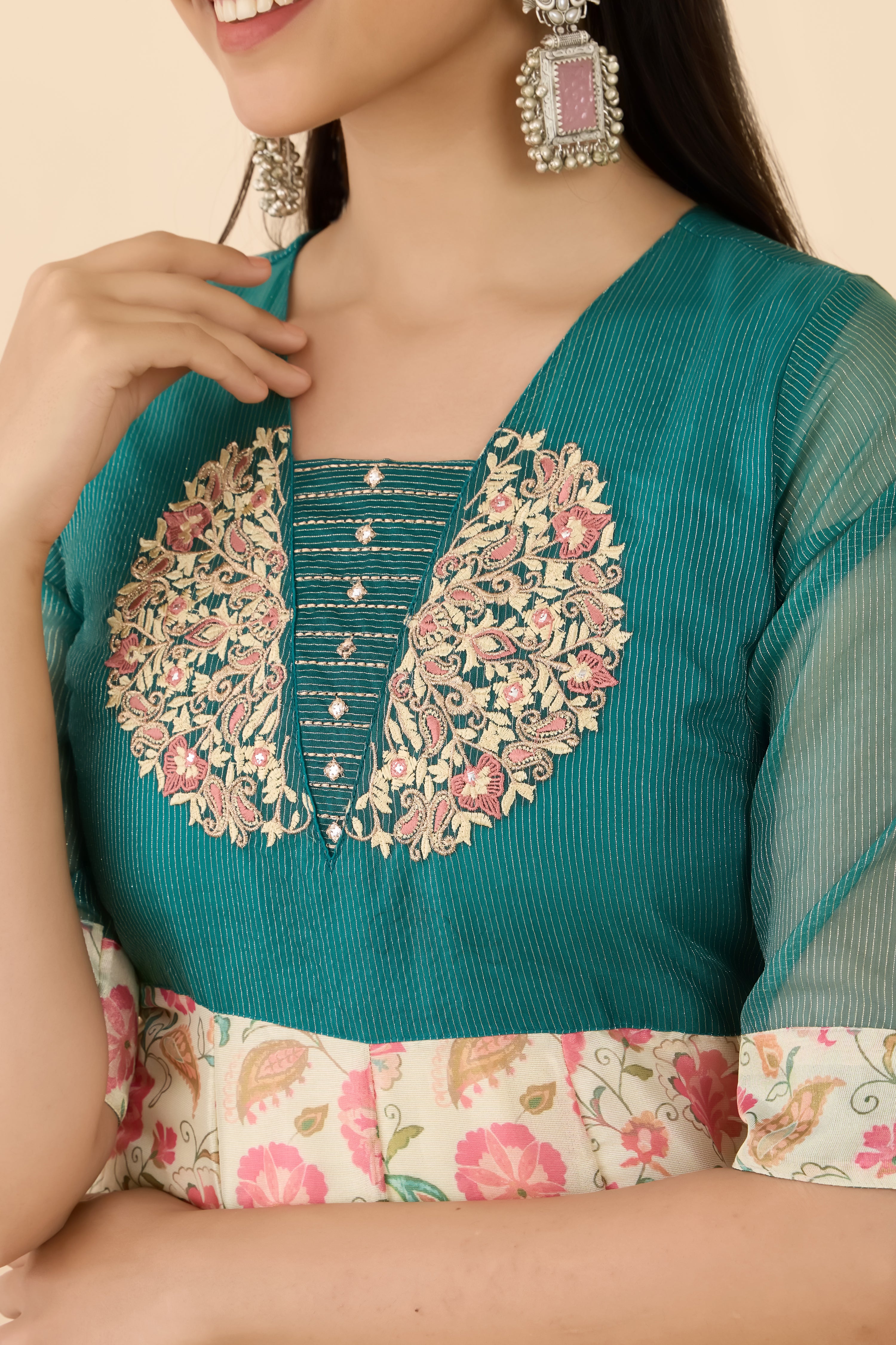 TURQUOISE FLORAL A - LINE ANARKALI