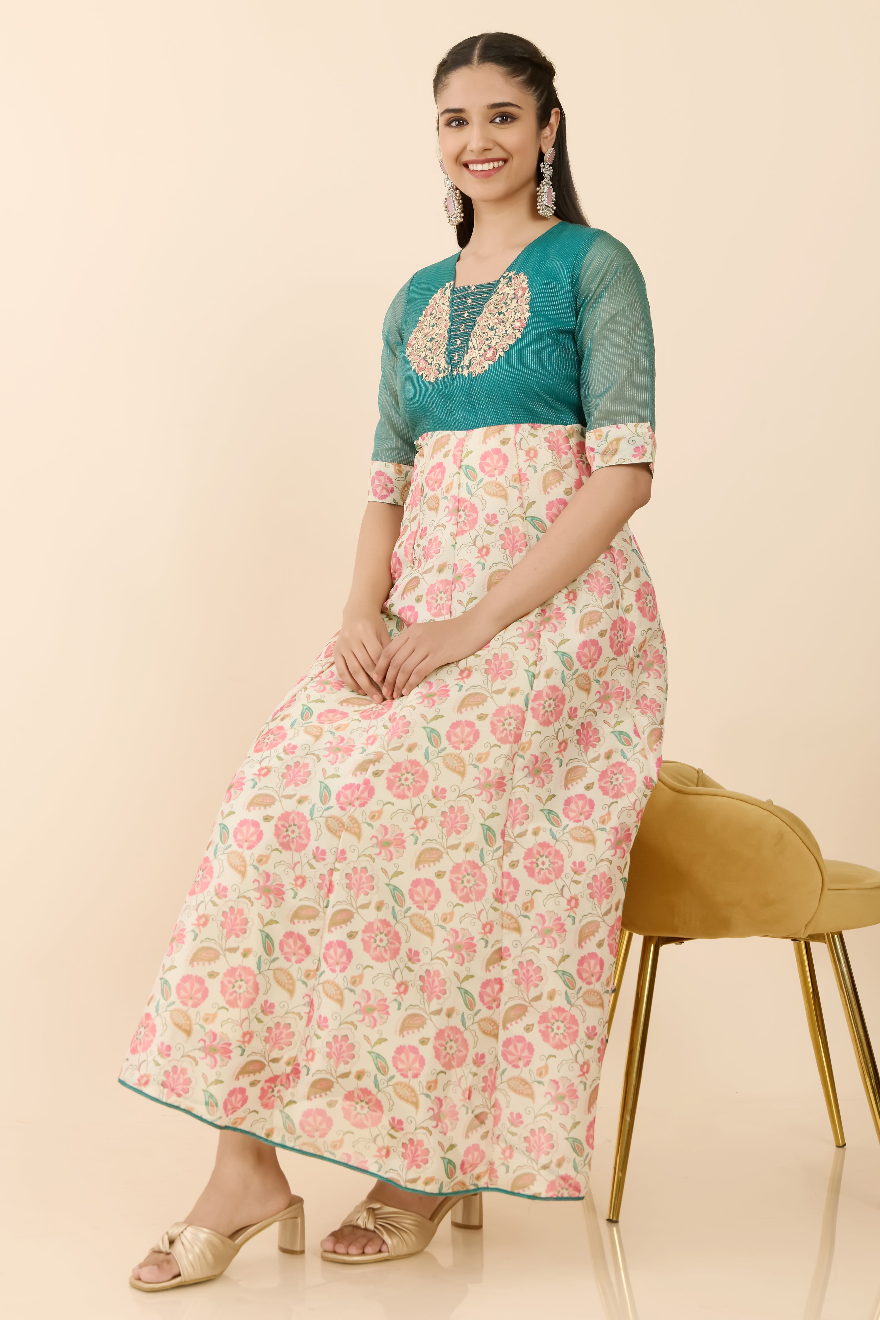 TURQUOISE FLORAL A - LINE ANARKALI