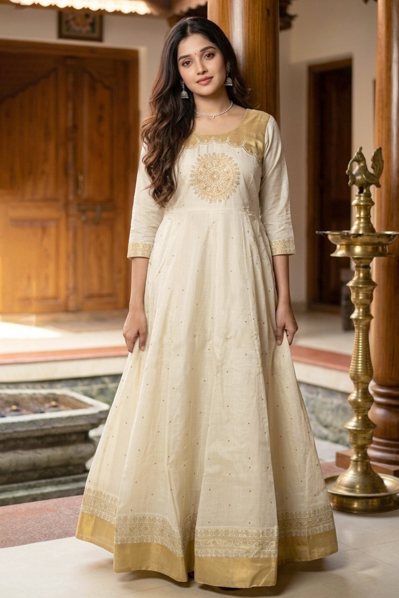 OFF WHITE ANARKALI WITH MOTIF PRINT