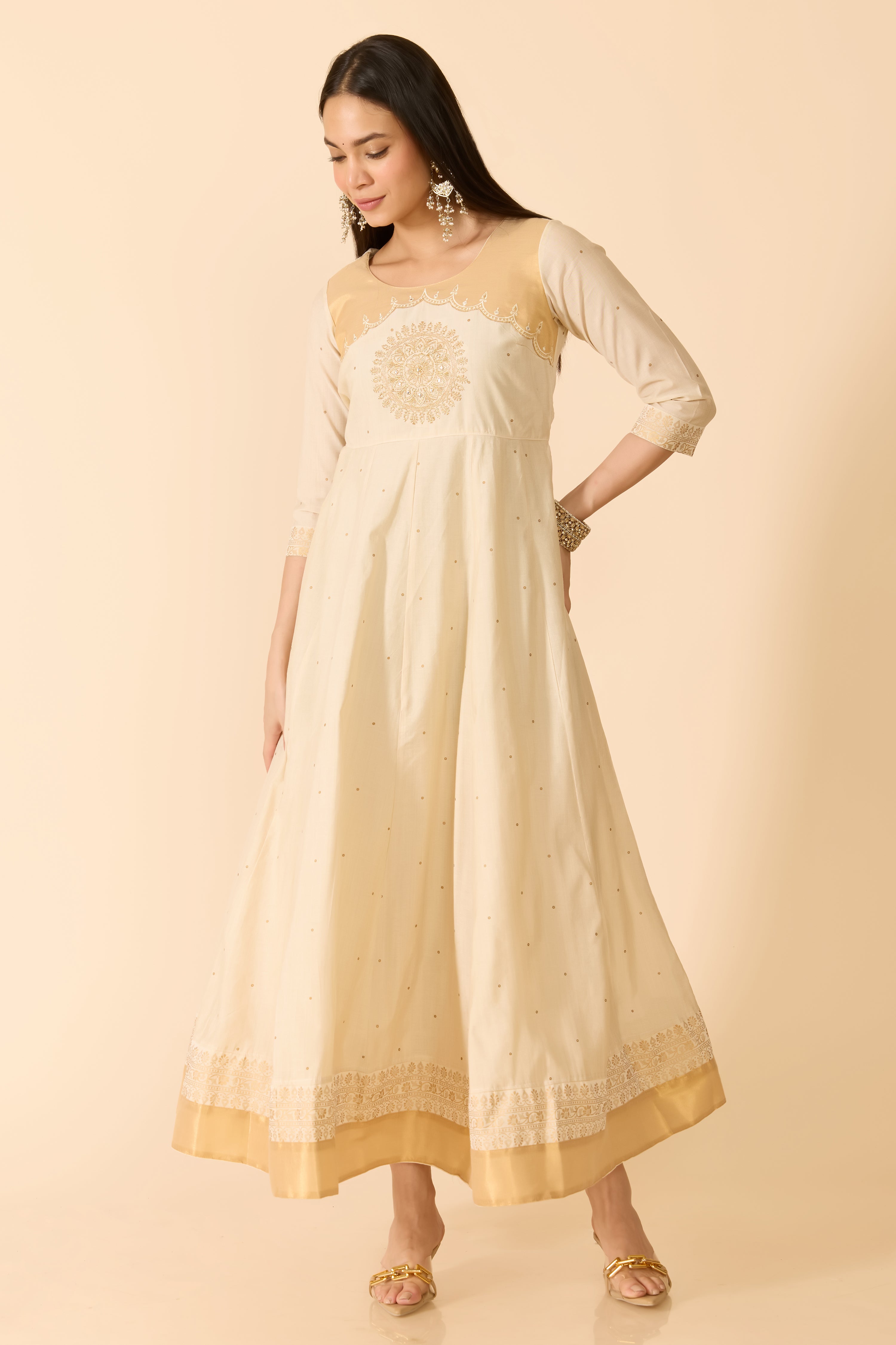 OFF WHITE ANARKALI WITH MOTIF PRINT