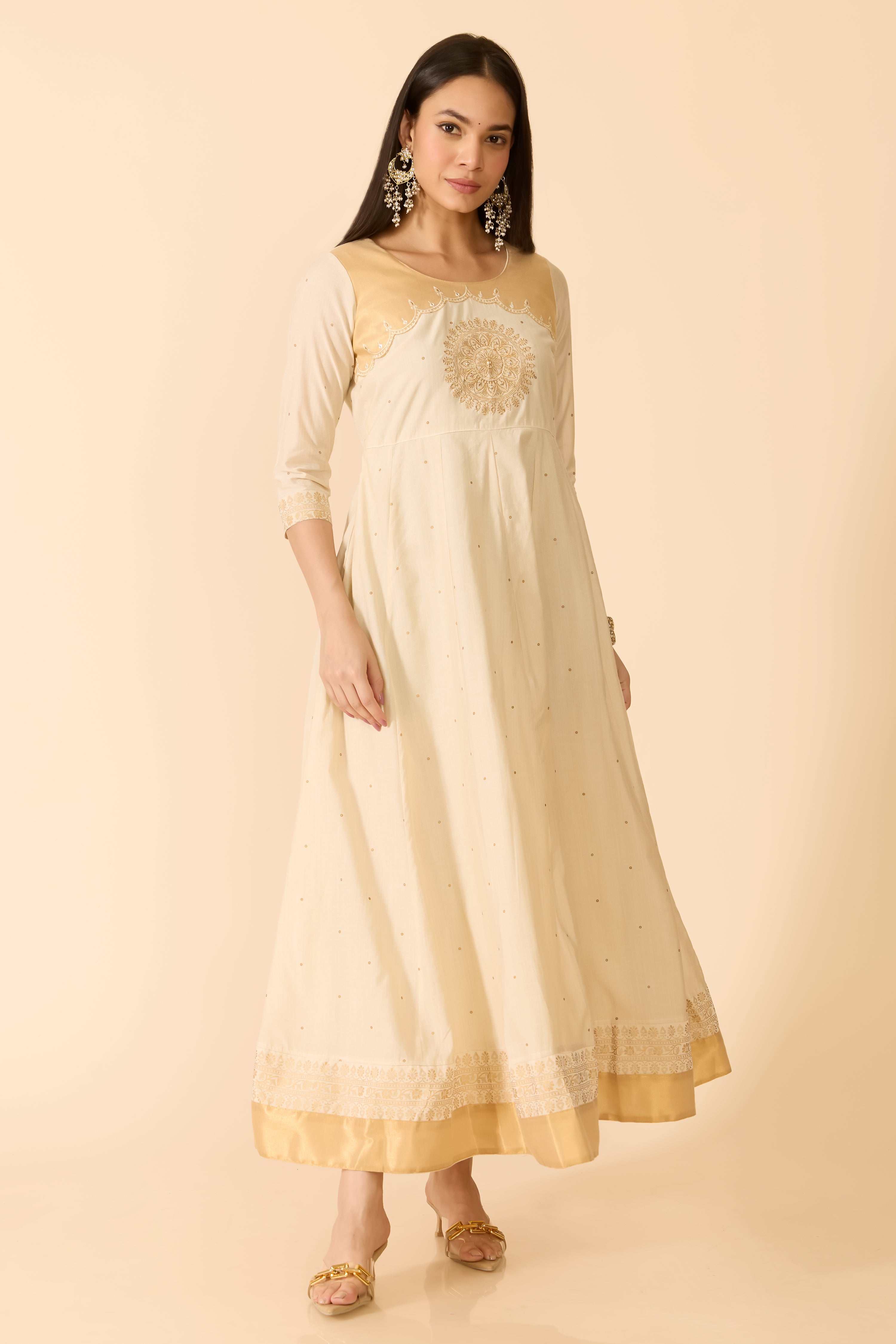 OFF WHITE ANARKALI WITH MOTIF PRINT