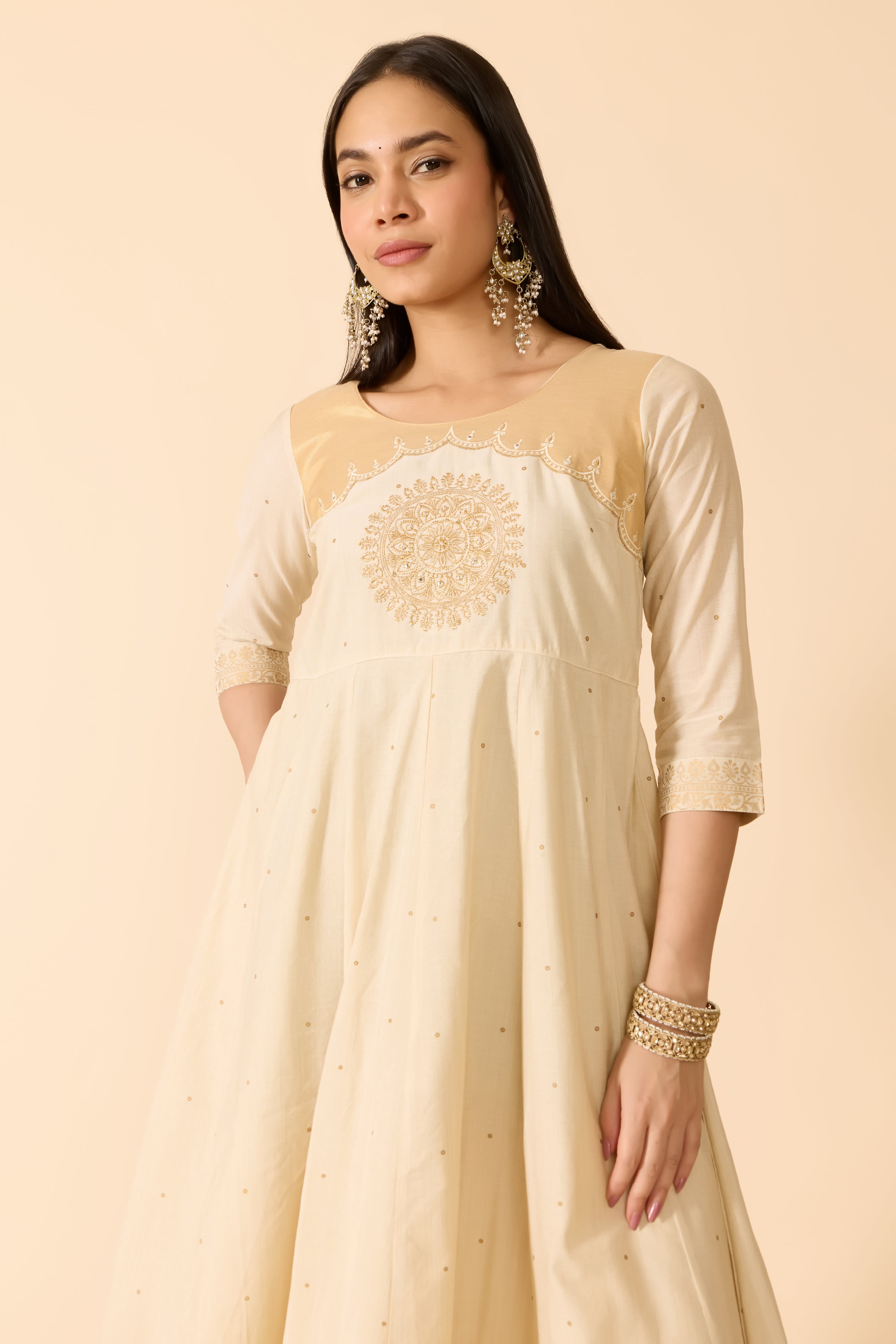 OFF WHITE ANARKALI WITH MOTIF PRINT