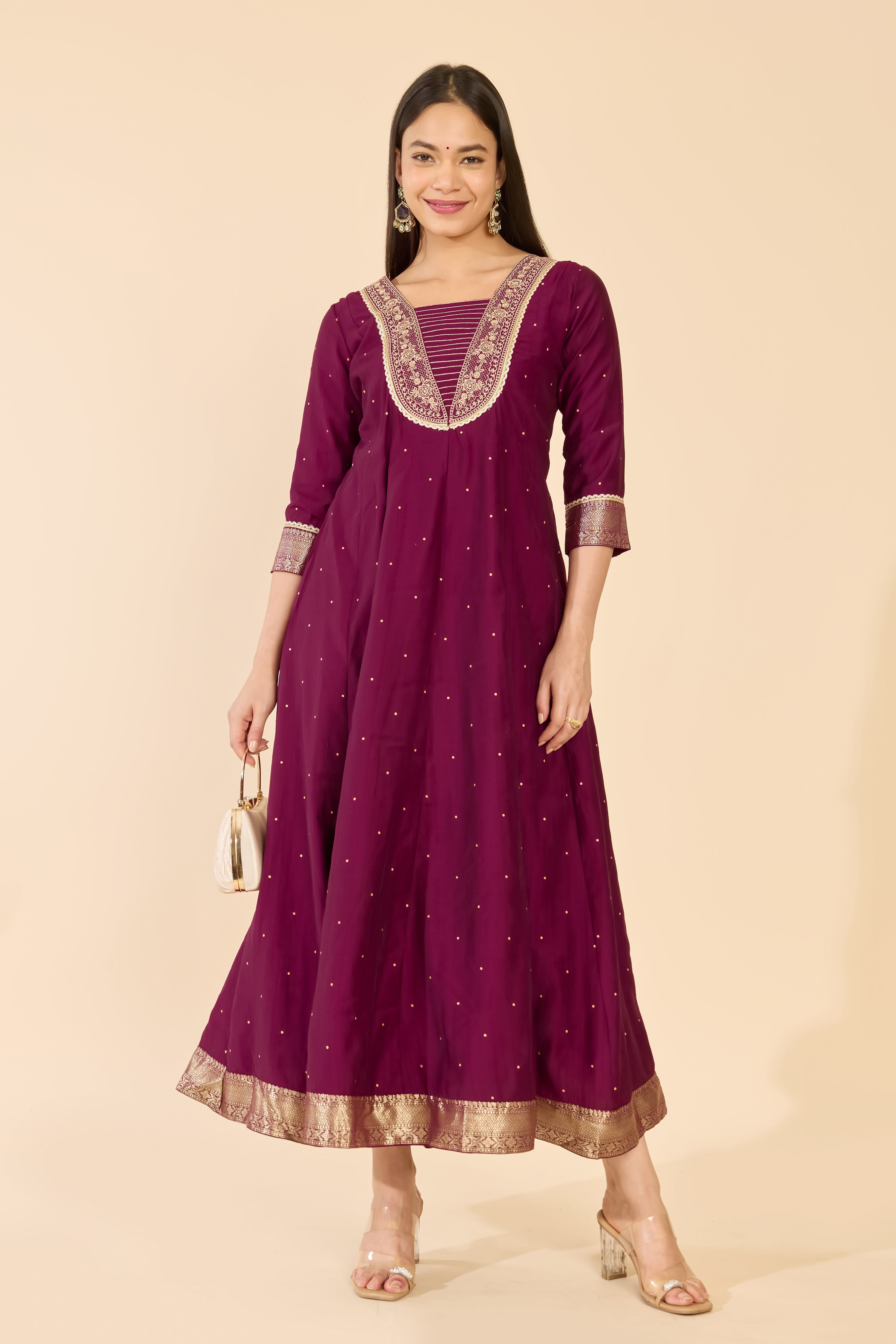 Wine Embroidered Yoke Anarkali
