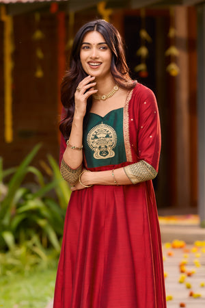 Red & Bottle Green Anarkali with Kathakali Embroidery – Onam Special
