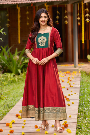 Red & Bottle Green Anarkali with Kathakali Embroidery – Onam Special