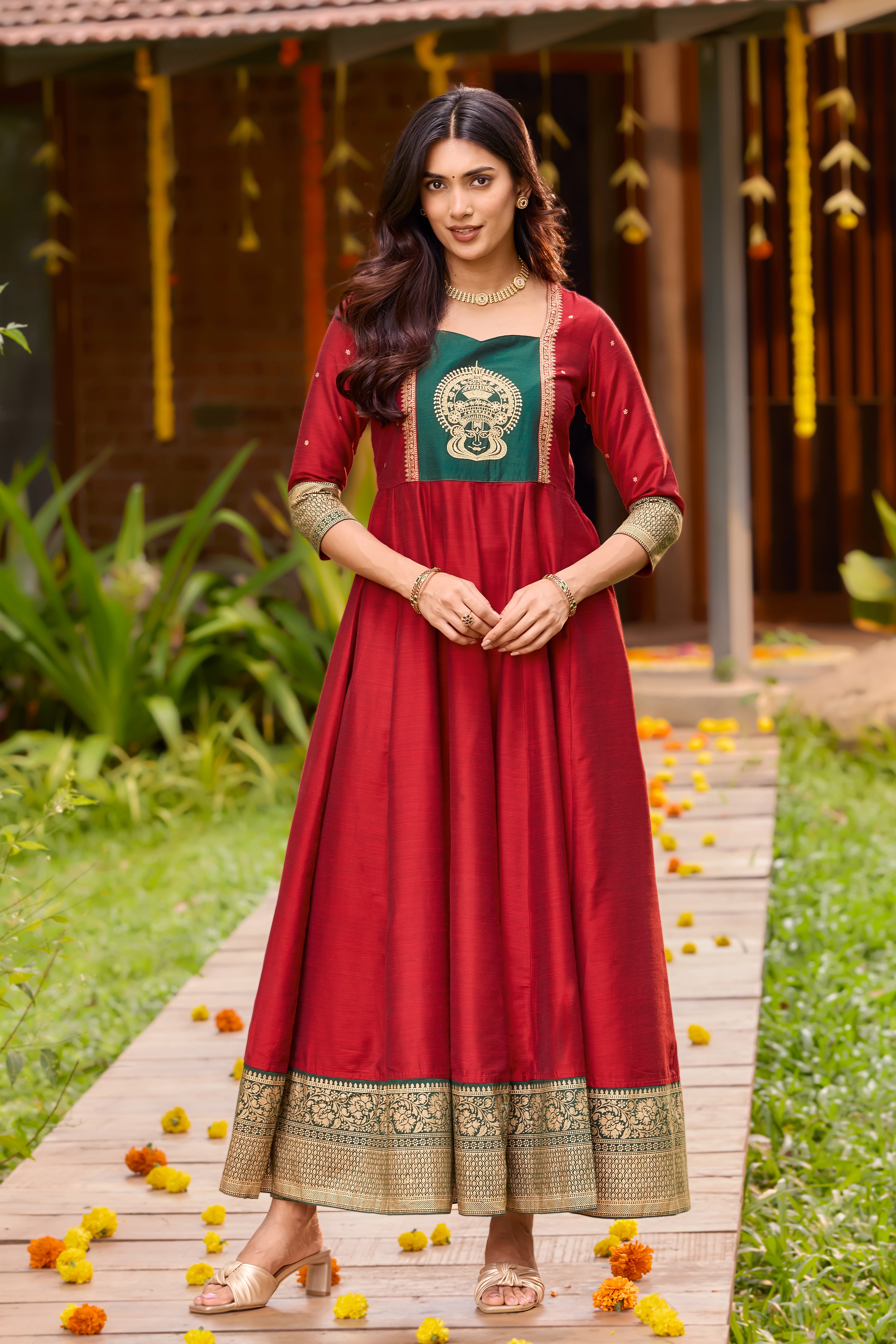 Red & Bottle Green Anarkali with Kathakali Embroidery – Onam Special