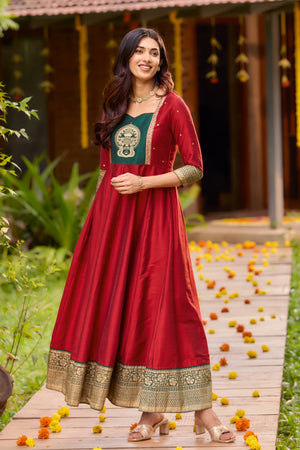 Red & Bottle Green Anarkali with Kathakali Embroidery – Onam Special