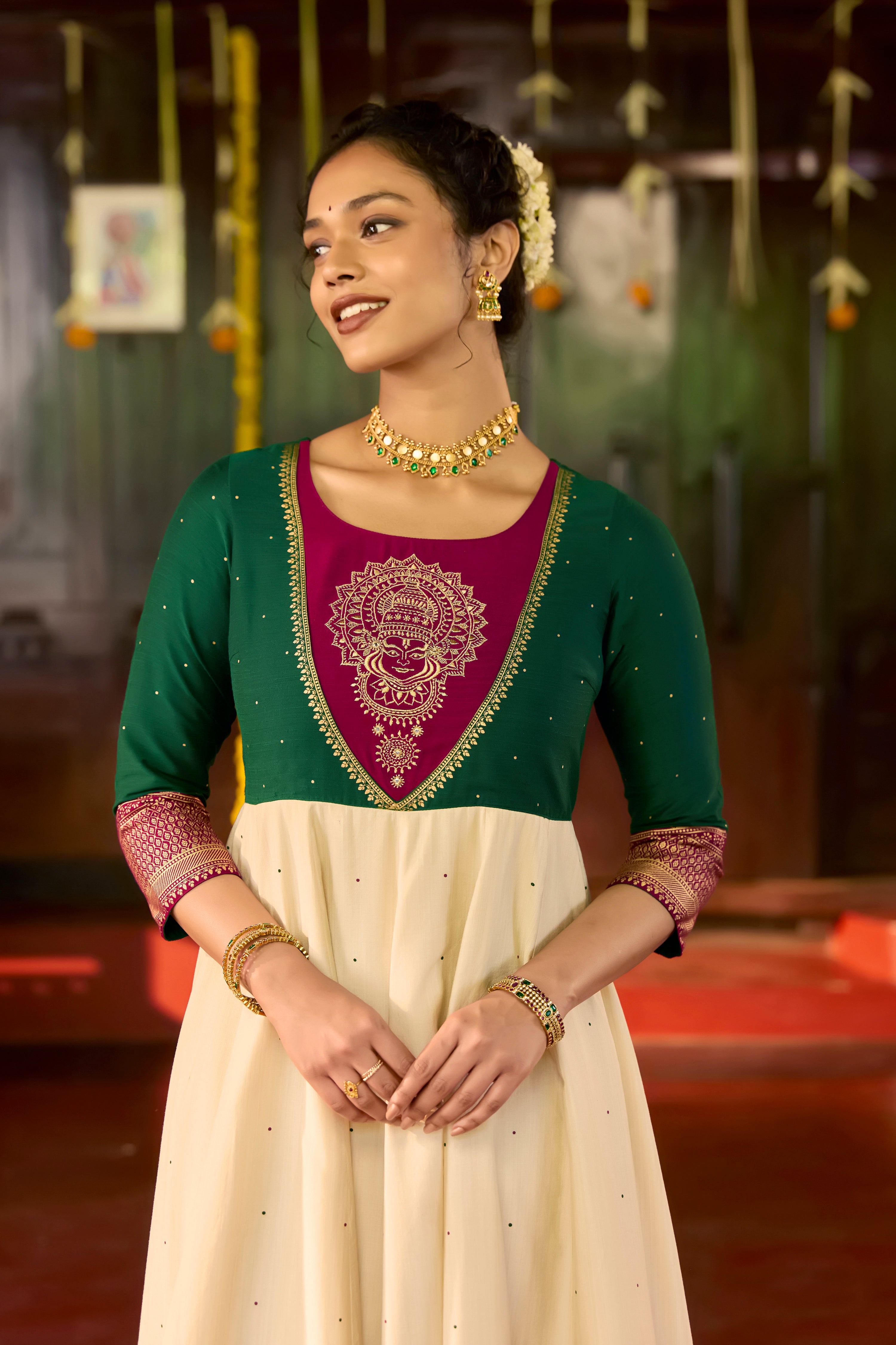 Festiv Off White Kathakali Embroidered Anarkali