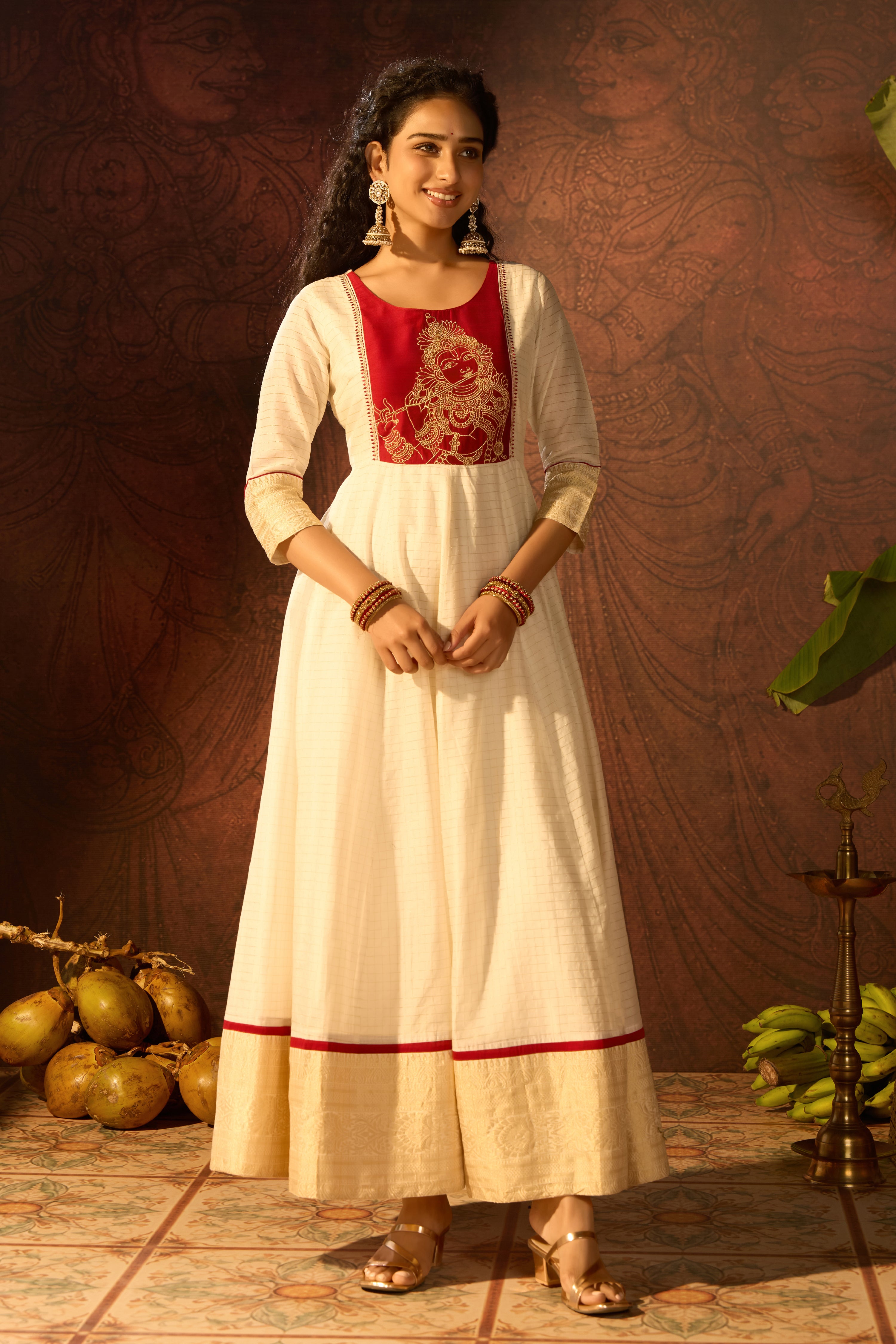 Festive Off White Mural Embroidered Anarkali