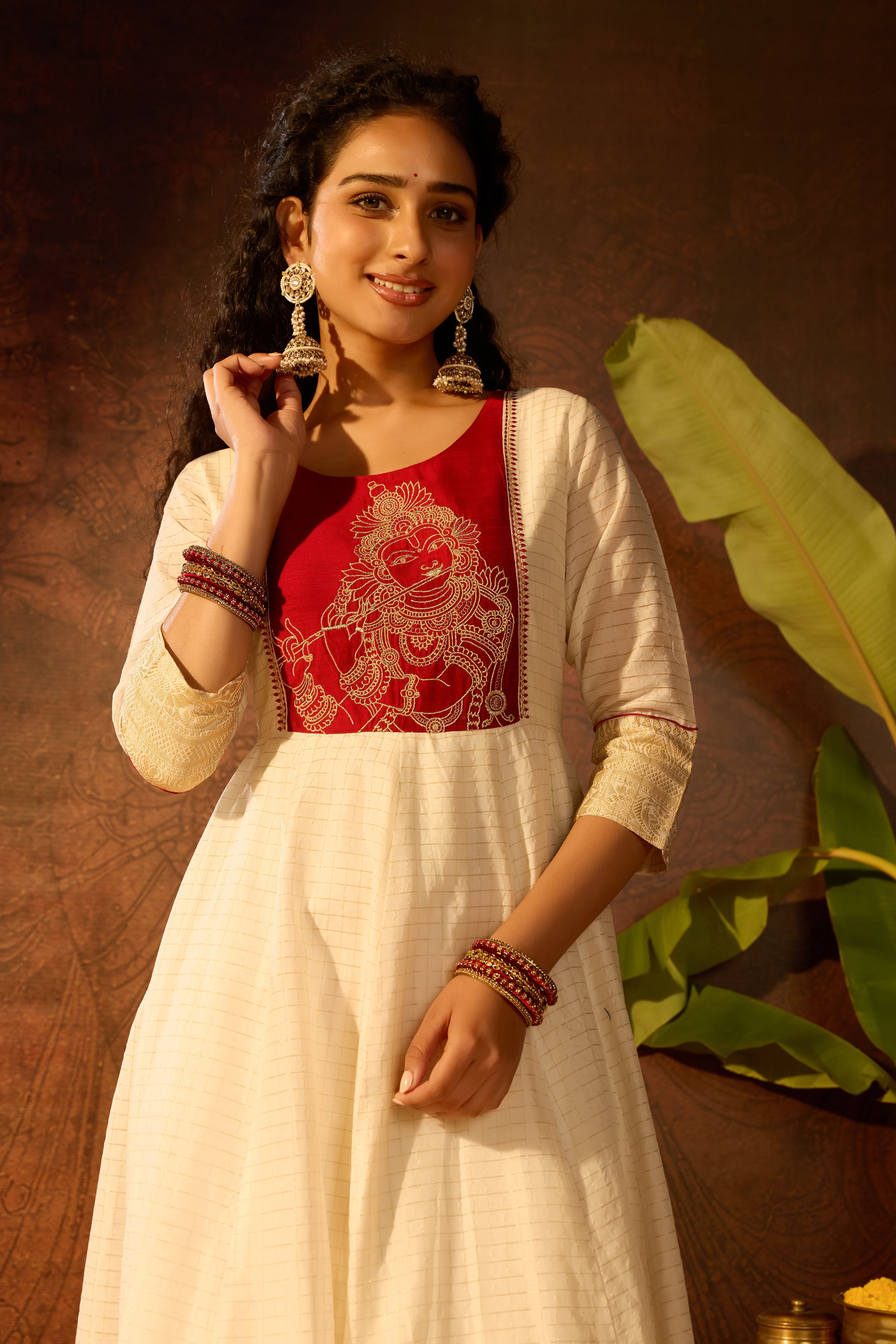 Festive Off White Mural Embroidered Anarkali